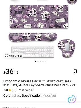 Ergonomic Lilac Skull Desk Mat & Wrist Rest Set - 4pc